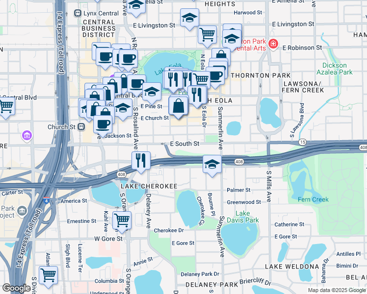 map of restaurants, bars, coffee shops, grocery stores, and more near 400 East South Street in Orlando