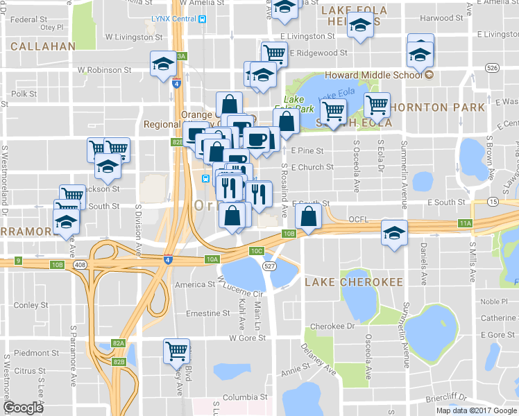 map of restaurants, bars, coffee shops, grocery stores, and more near 12701 South John Young Parkway in Orlando