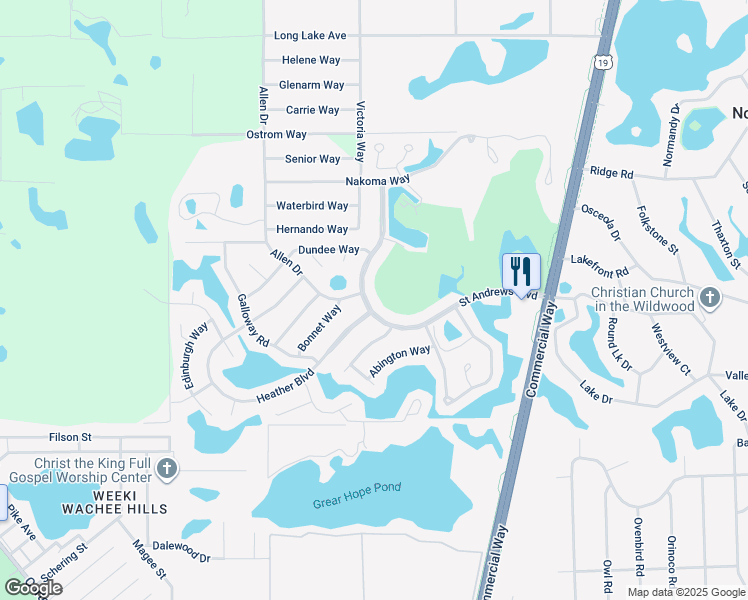 map of restaurants, bars, coffee shops, grocery stores, and more near 7636 Saint Andrews Boulevard in Spring Hill