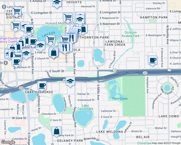 map of restaurants, bars, coffee shops, grocery stores, and more near 421 South Hyer Avenue in Orlando