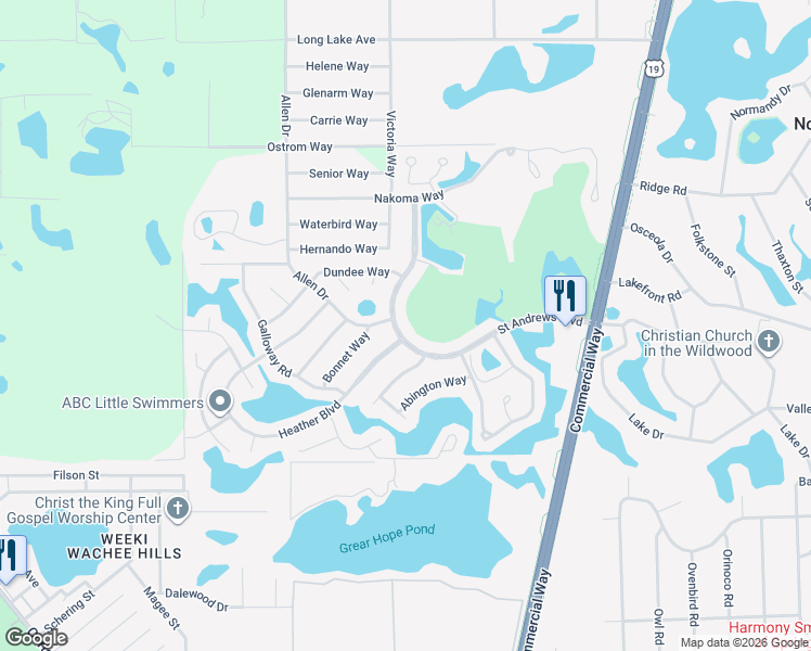 map of restaurants, bars, coffee shops, grocery stores, and more near 7656 Saint Andrews Boulevard in Spring Hill