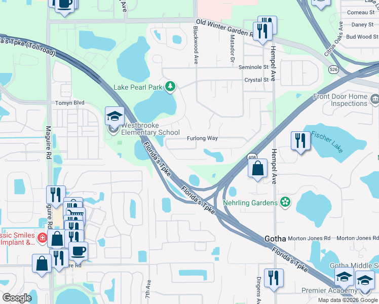 map of restaurants, bars, coffee shops, grocery stores, and more near 3231 Furlong Way in Gotha