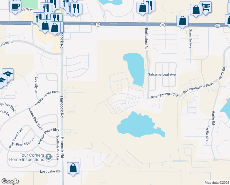 map of restaurants, bars, coffee shops, grocery stores, and more near 13432 Emil Jahna Road in Clermont