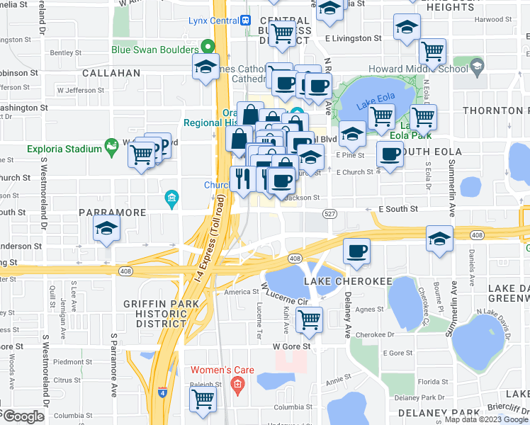 map of restaurants, bars, coffee shops, grocery stores, and more near 420 South Orange Avenue in Orlando