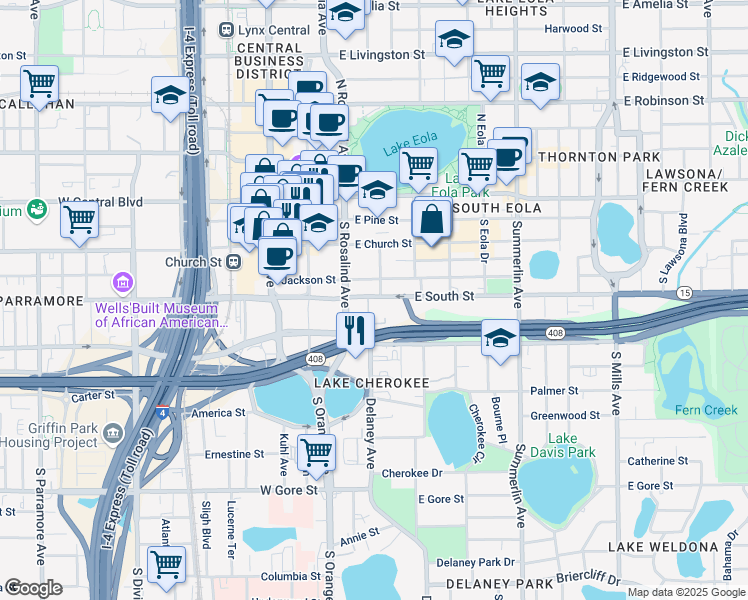 map of restaurants, bars, coffee shops, grocery stores, and more near 304 East South Street in Orlando