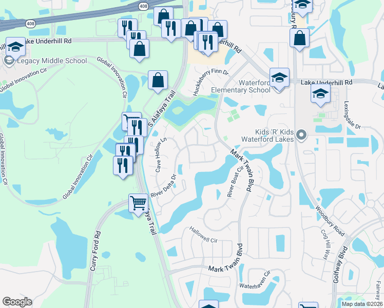 map of restaurants, bars, coffee shops, grocery stores, and more near 656 White River Drive in Orlando