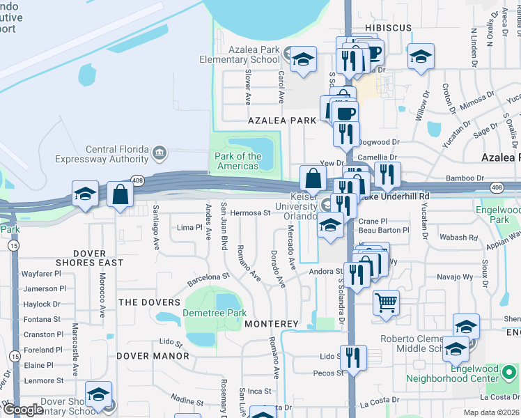 map of restaurants, bars, coffee shops, grocery stores, and more near 5358 County Road 526 in Orlando