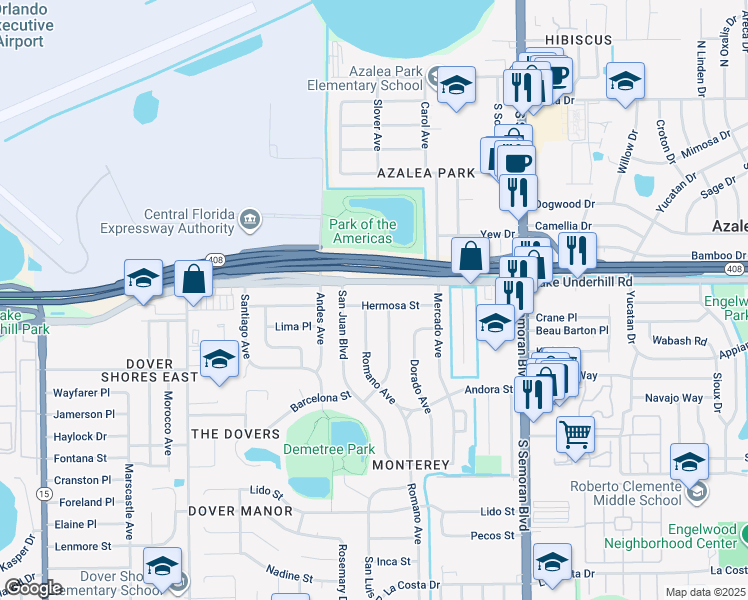 map of restaurants, bars, coffee shops, grocery stores, and more near 5358 County Road 526 in Orlando