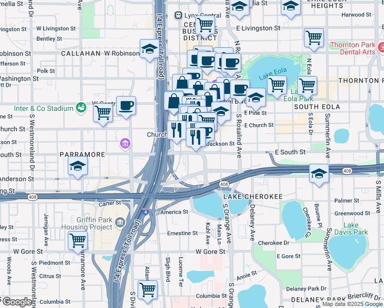 map of restaurants, bars, coffee shops, grocery stores, and more near in Orlando