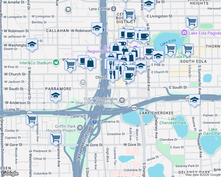 map of restaurants, bars, coffee shops, grocery stores, and more near 323 South Garland Avenue in Orlando