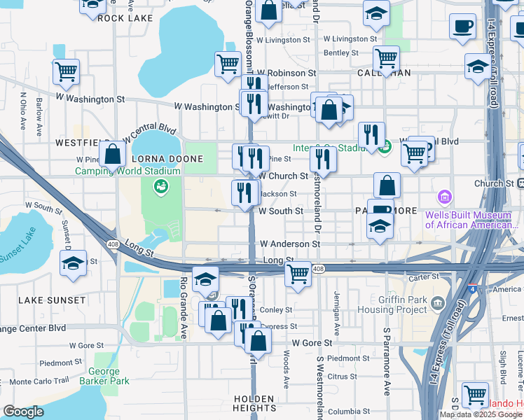 map of restaurants, bars, coffee shops, grocery stores, and more near 1218 Jackson Street in Orlando