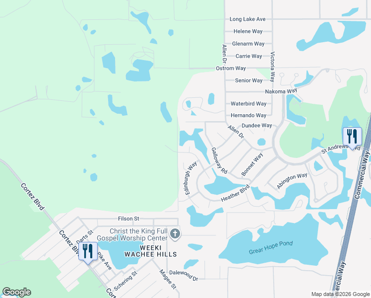 map of restaurants, bars, coffee shops, grocery stores, and more near 7446 Glasgow Road in Weeki Wachee