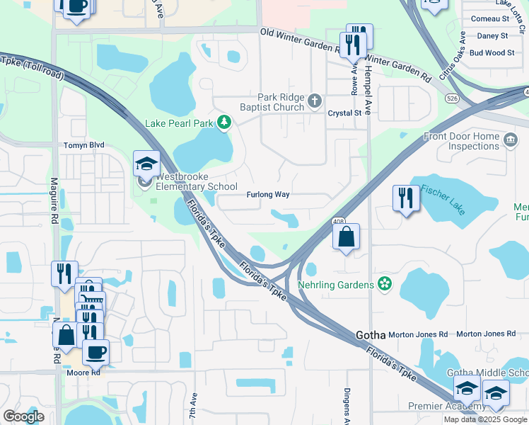 map of restaurants, bars, coffee shops, grocery stores, and more near 3440 Royal Ascot Run in Gotha
