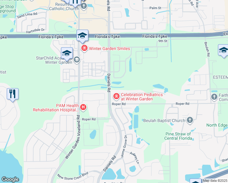 map of restaurants, bars, coffee shops, grocery stores, and more near 207 Black Springs Lane in Winter Garden