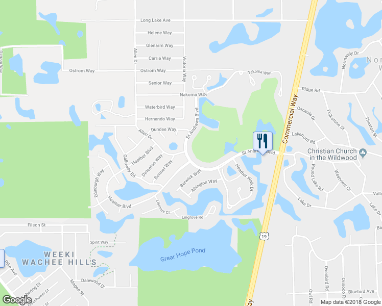 map of restaurants, bars, coffee shops, grocery stores, and more near 7658 Saint Andrews Boulevard in Brooksville