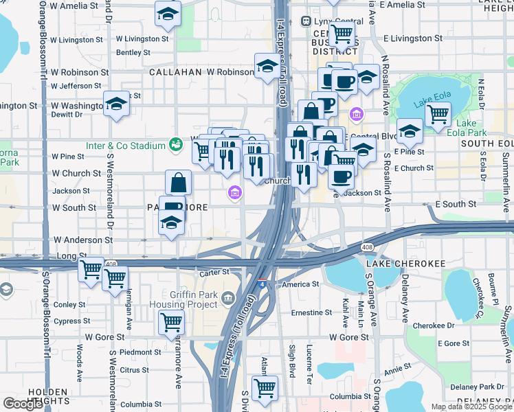 map of restaurants, bars, coffee shops, grocery stores, and more near Florida 400 in Orlando