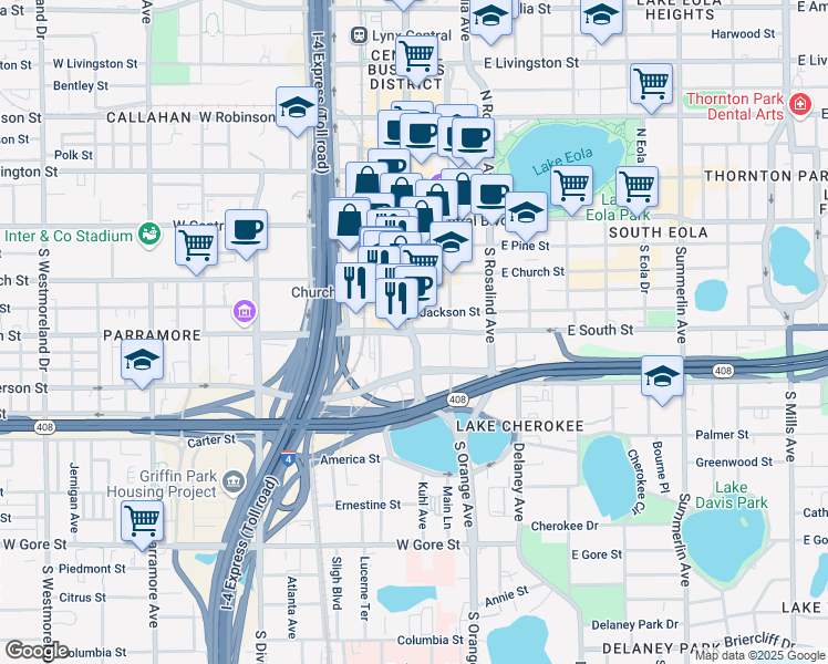 map of restaurants, bars, coffee shops, grocery stores, and more near in Orlando