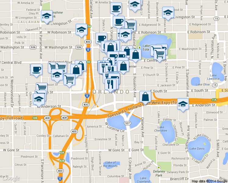 map of restaurants, bars, coffee shops, grocery stores, and more near in Orlando