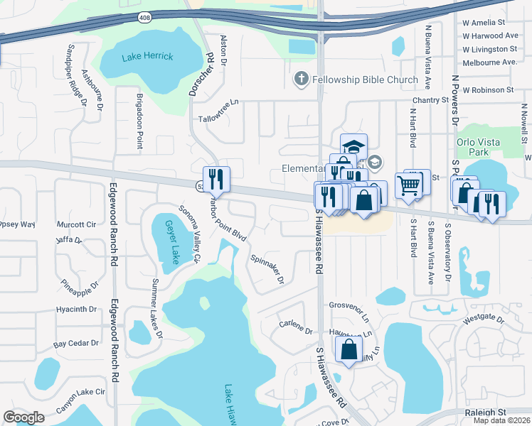 map of restaurants, bars, coffee shops, grocery stores, and more near 7213 Harbor Heights Circle in Orlando