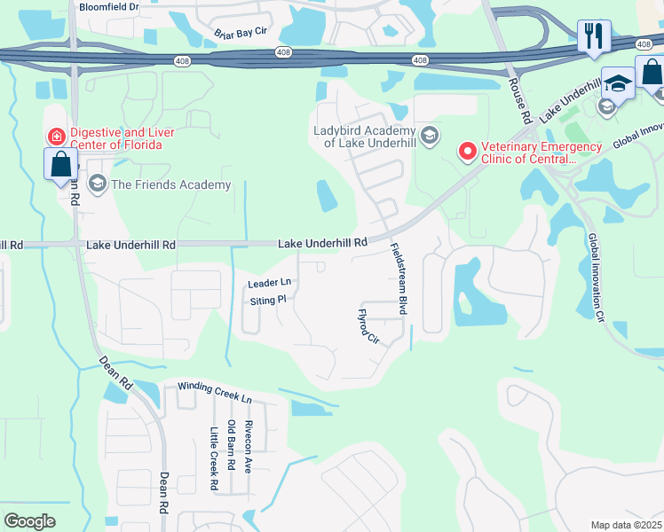 map of restaurants, bars, coffee shops, grocery stores, and more near 11233 Spinning Reel Circle in Orlando