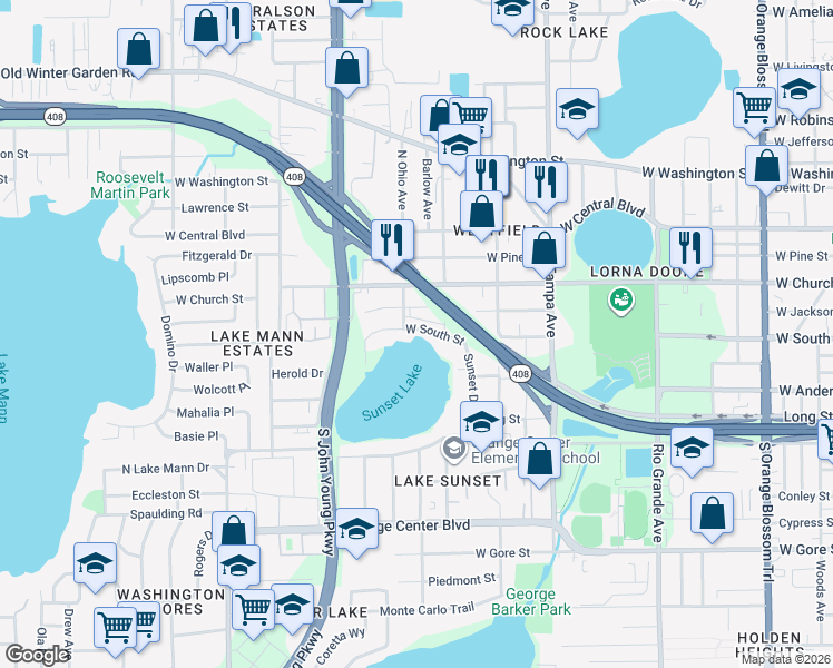 map of restaurants, bars, coffee shops, grocery stores, and more near 2237 West South Street in Orlando