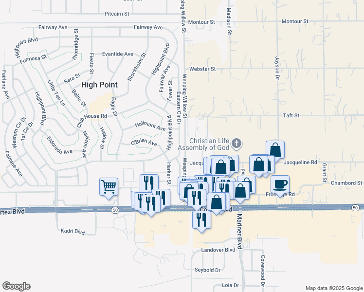 map of restaurants, bars, coffee shops, grocery stores, and more near 7426 Eastern Circle Drive in Brooksville