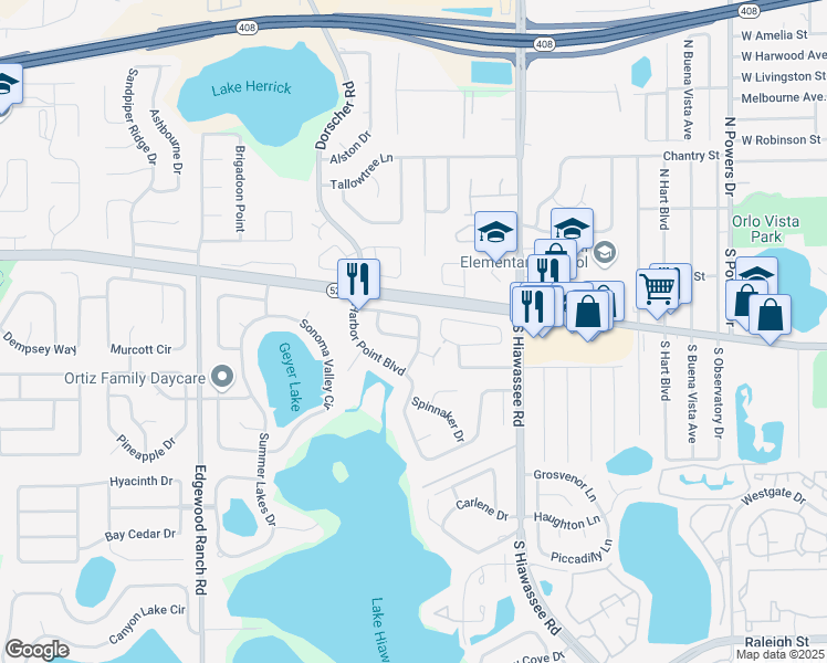 map of restaurants, bars, coffee shops, grocery stores, and more near 7205 Seamans Bluff in Orlando