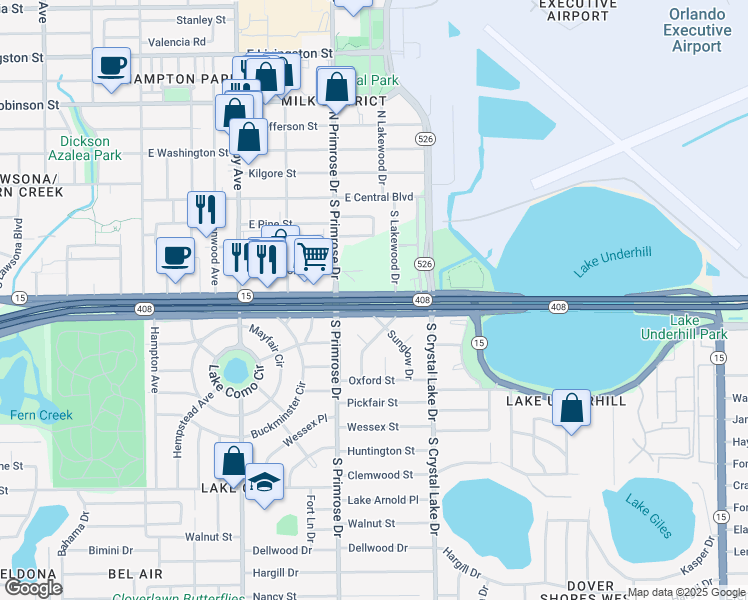 map of restaurants, bars, coffee shops, grocery stores, and more near Spessard L. Holland East-West Expressway in Orlando