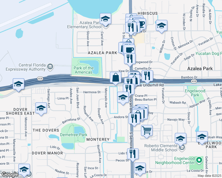 map of restaurants, bars, coffee shops, grocery stores, and more near 5520 Lake Underhill Road in Orlando