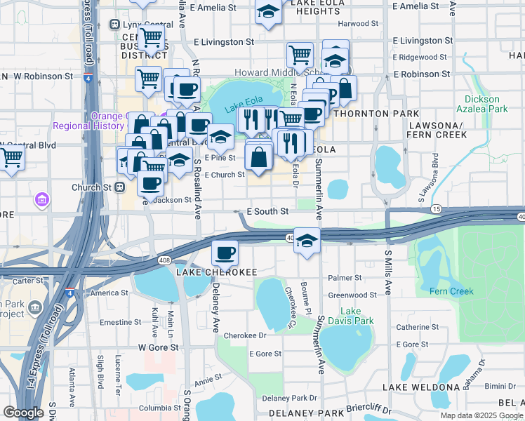 map of restaurants, bars, coffee shops, grocery stores, and more near 415 East South Street in Orlando