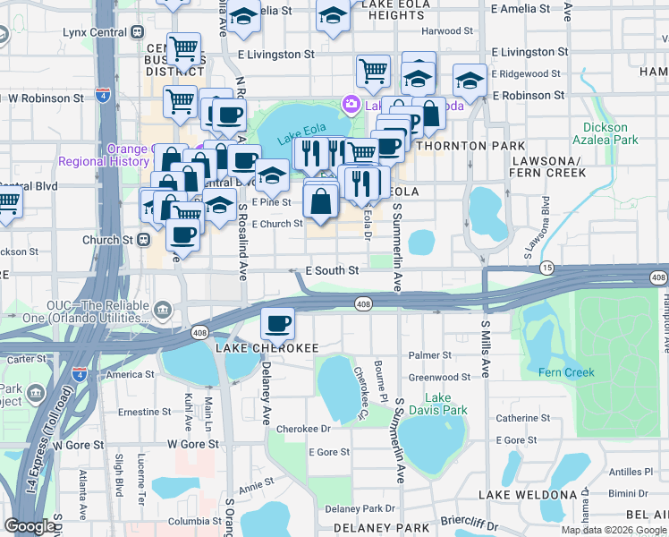 map of restaurants, bars, coffee shops, grocery stores, and more near 415 East South Street in Orlando