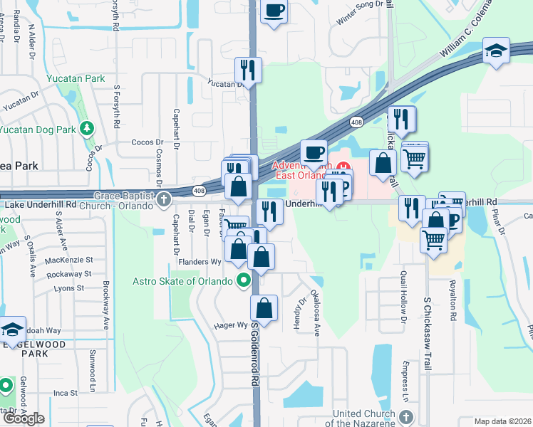 map of restaurants, bars, coffee shops, grocery stores, and more near 407 South Goldenrod Road in Orlando
