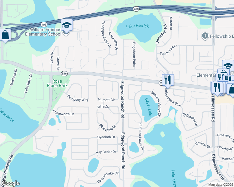 map of restaurants, bars, coffee shops, grocery stores, and more near 7780 Murcott Circle in Orlando