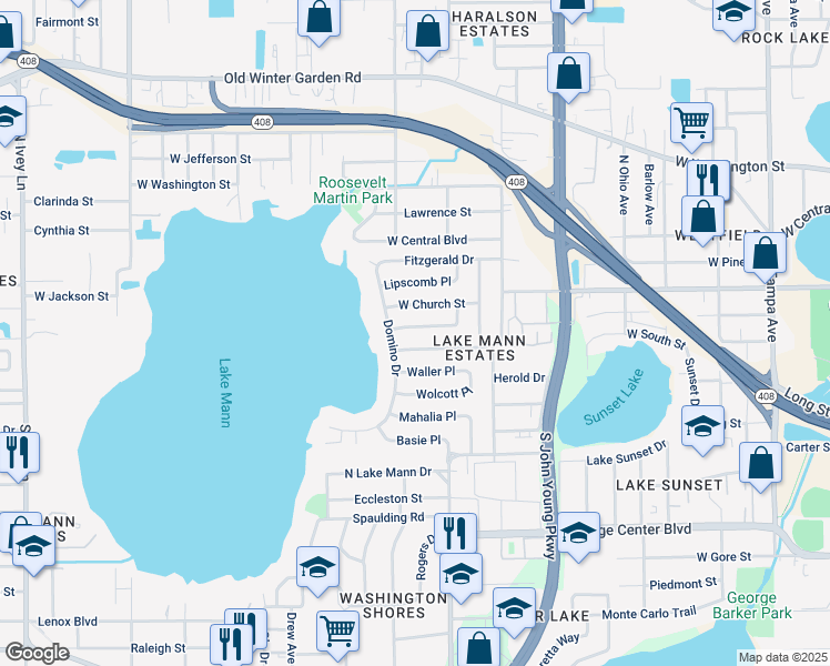 map of restaurants, bars, coffee shops, grocery stores, and more near 389 Domino Drive in Orlando