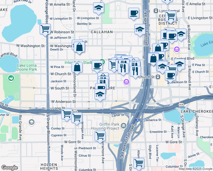 map of restaurants, bars, coffee shops, grocery stores, and more near in Orlando