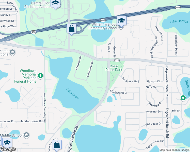 map of restaurants, bars, coffee shops, grocery stores, and more near 133 Lake Rose Drive in Orlando