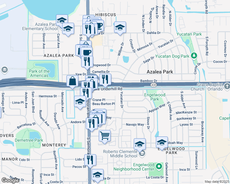 map of restaurants, bars, coffee shops, grocery stores, and more near 5856 Lake Underhill Road in Orlando