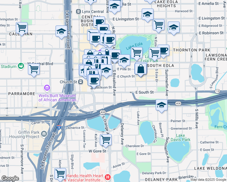 map of restaurants, bars, coffee shops, grocery stores, and more near 142 East Jackson Street in Orlando