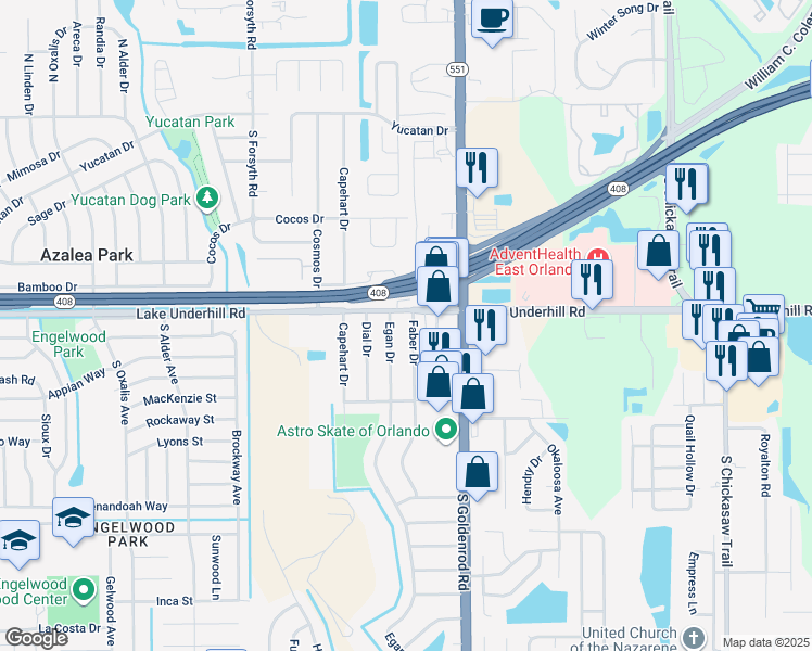 map of restaurants, bars, coffee shops, grocery stores, and more near 402 Faber Drive in Orlando