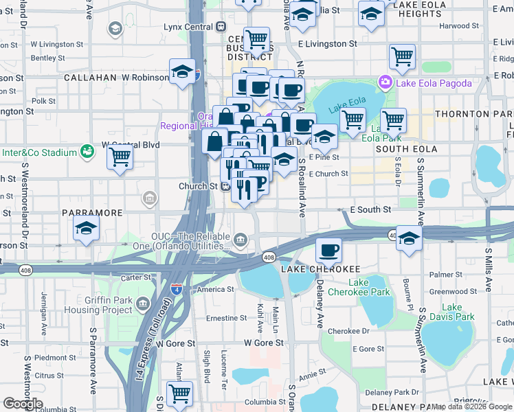 map of restaurants, bars, coffee shops, grocery stores, and more near 327 South Orange Avenue in Orlando