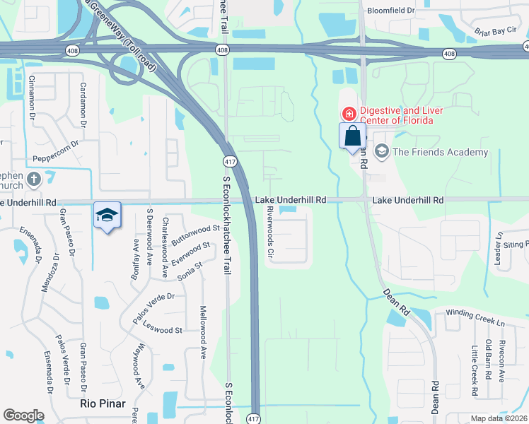 map of restaurants, bars, coffee shops, grocery stores, and more near 400 Riverwoods Circle in Orlando