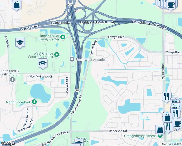 map of restaurants, bars, coffee shops, grocery stores, and more near 1060 Tomyn Boulevard in Ocoee