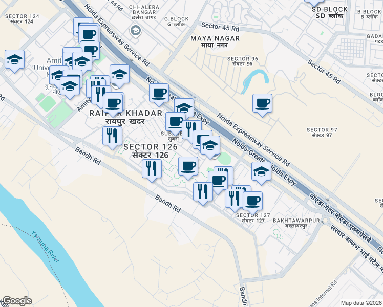 map of restaurants, bars, coffee shops, grocery stores, and more near in Noida