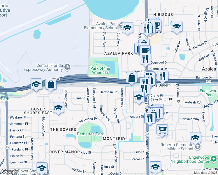 map of restaurants, bars, coffee shops, grocery stores, and more near 5404 Lake Underhill Road in Orlando