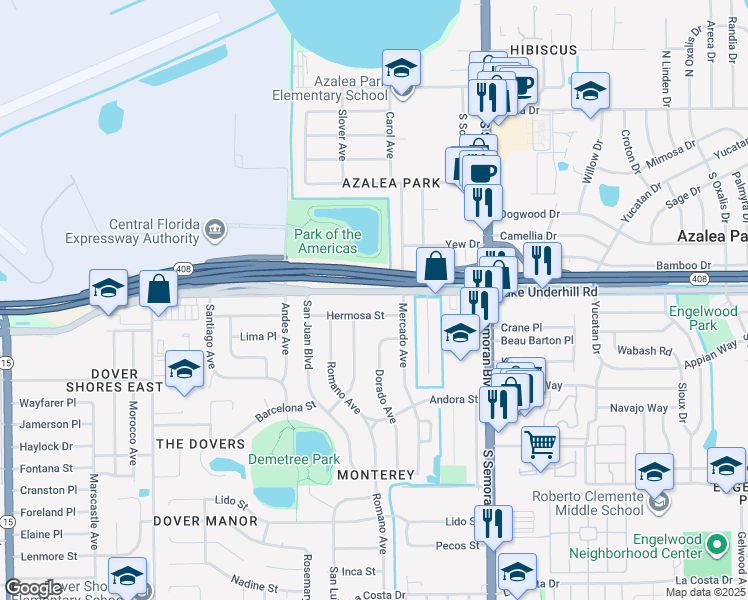 map of restaurants, bars, coffee shops, grocery stores, and more near in Orlando