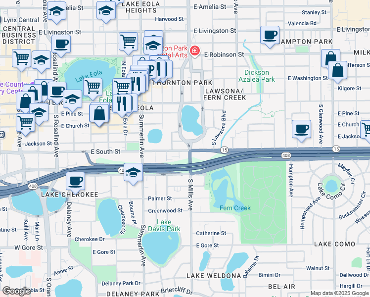 map of restaurants, bars, coffee shops, grocery stores, and more near 1108 East Jackson Street in Orlando