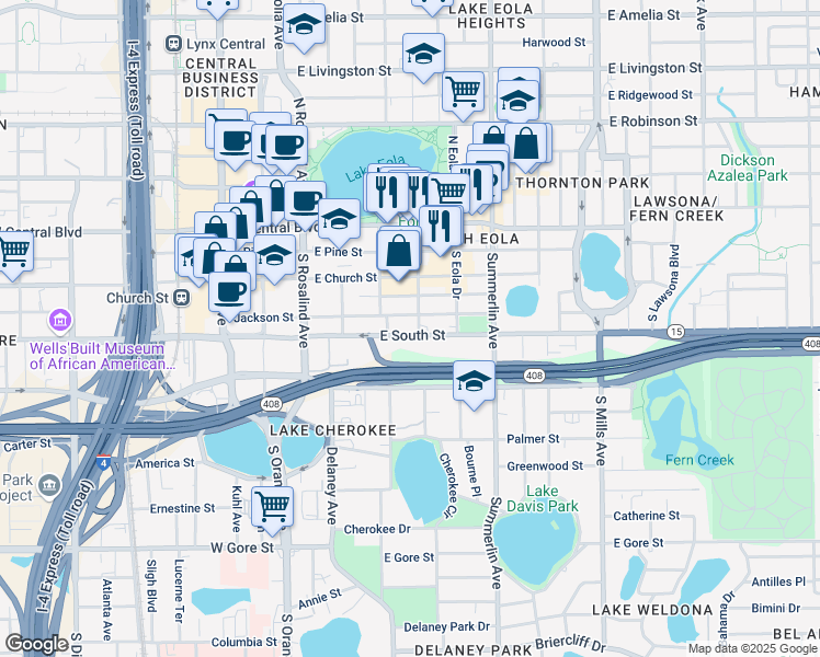 map of restaurants, bars, coffee shops, grocery stores, and more near 415 East South Street in Orlando