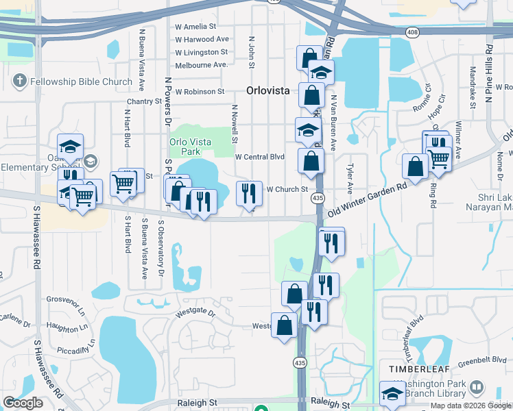 map of restaurants, bars, coffee shops, grocery stores, and more near 113 South John Street in Orlando
