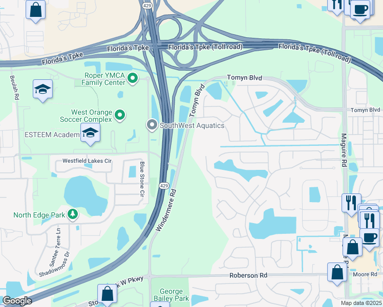 map of restaurants, bars, coffee shops, grocery stores, and more near 1060 Tomyn Boulevard in Ocoee