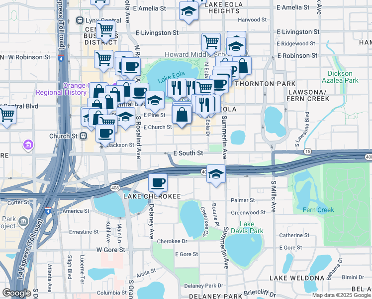 map of restaurants, bars, coffee shops, grocery stores, and more near 356 South Osceola Avenue in Orlando